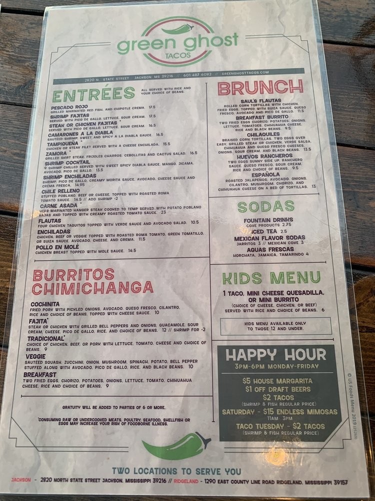 Green Ghost Tacos menu in Jackson, Mississippi, USA